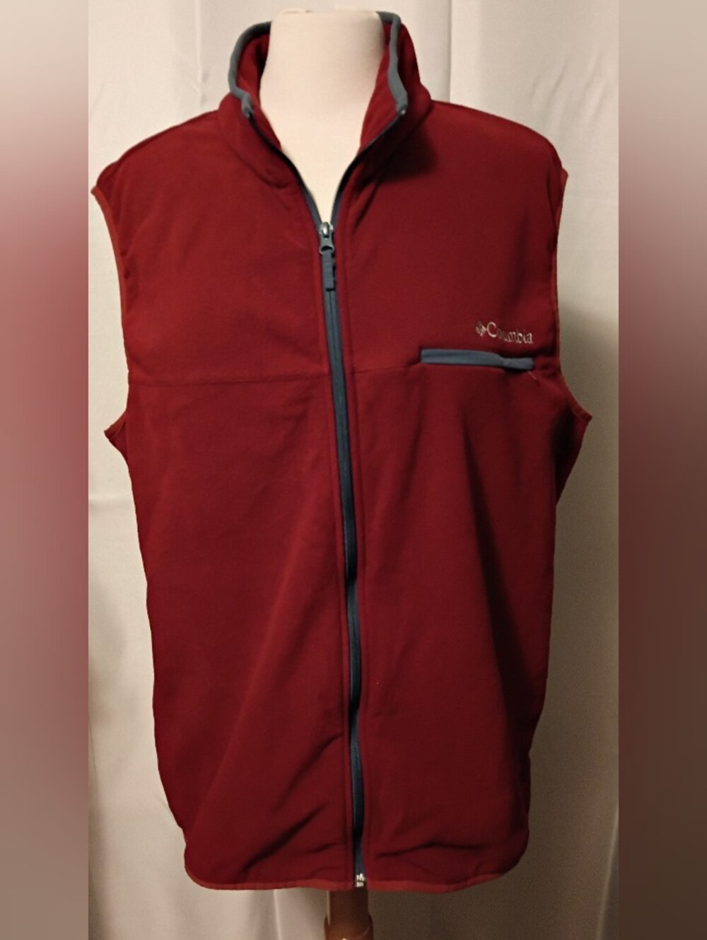 Columbia Men’s Burgundy Maroon Fleece Zip Vest Jacket Gray Contrast Trim 1X